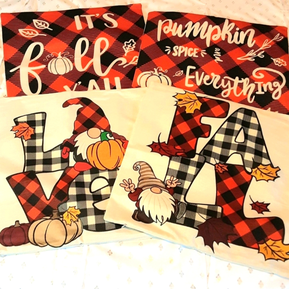 NEW Set of 4 Fall/Autumn Pillowcovers - gnomes/orange buffalo plaid **SO CUTE**